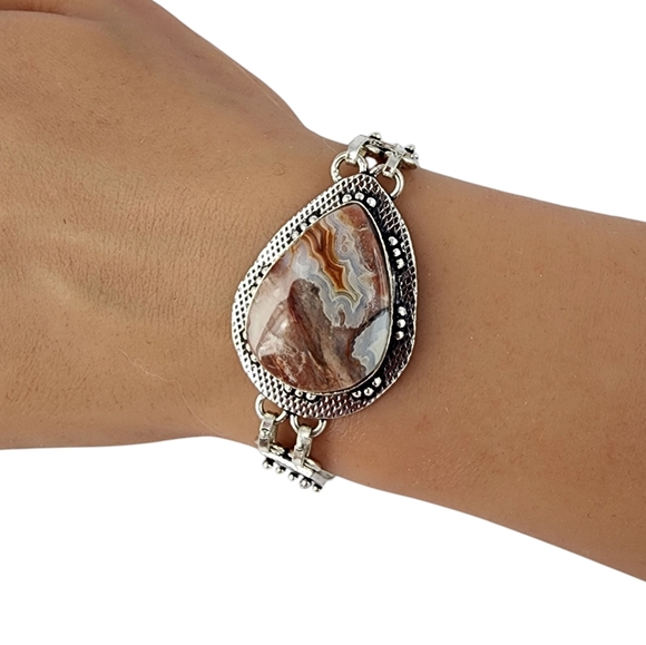 Agate gemstone bracelet silver chunky statement artisan crazy lace agate J30 - Picture 2 of 15